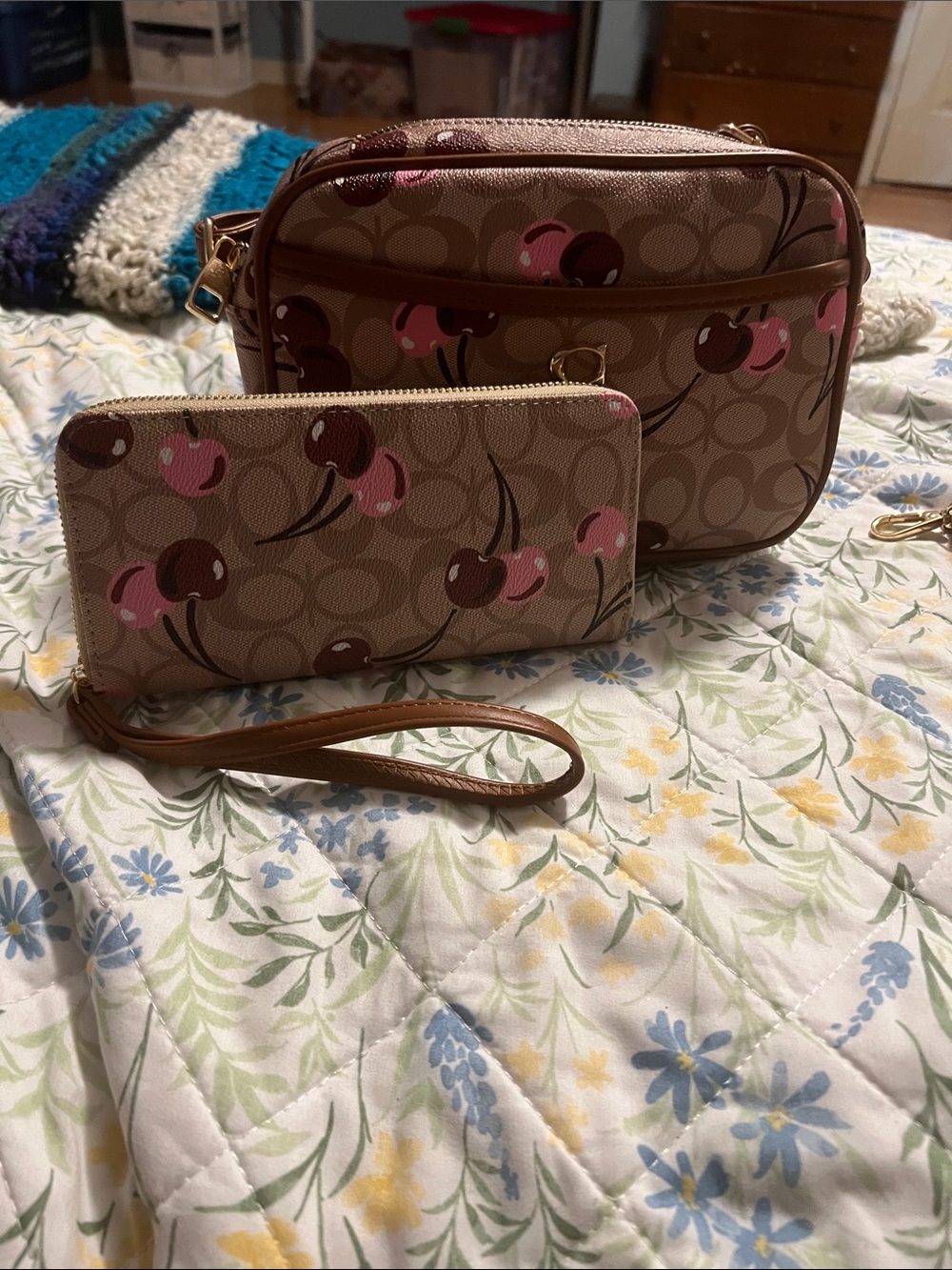 Cherry-Print Crossbody Bag and Wristlet — Brown with Pink Accents
